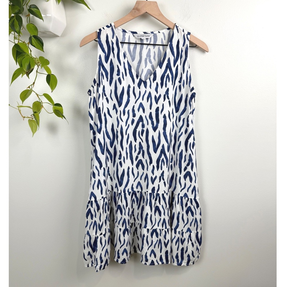 La Mer Luxe Blue White Abstract Tiger Print Tiered Ruffle Shift Dress Womens S